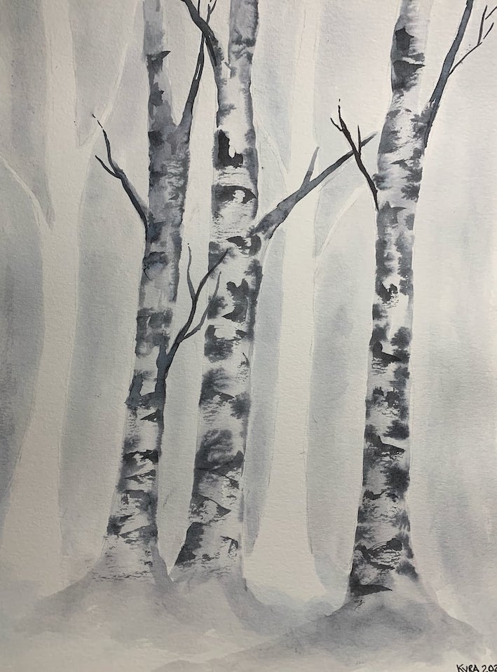 Watercolor painting of Birch Tree trunks.