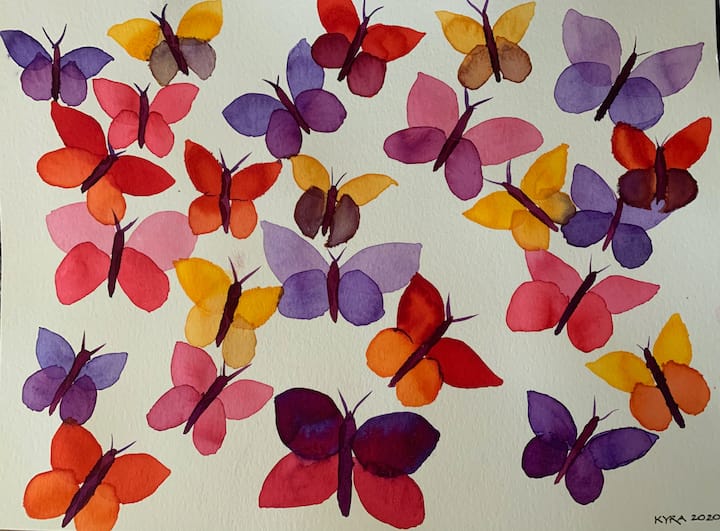 Water color painting of simply colored butterflies. Red, blue, violet, yellow.