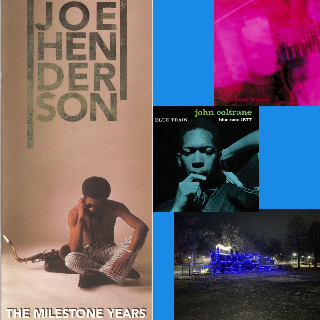 Composite photo of album covers, Joe Henderson - The Milestone Years, My Bloody Valentine - Loveless, and John Coltrane - Blue Train, and a photo of a real steam locomotive decorated with blue lights.