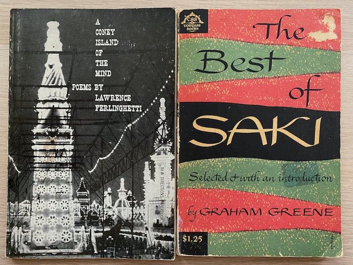 Front covers of A Coney Island of the Mind by Lawrence Ferlinghetti and The Best of Saki