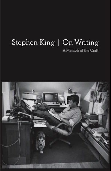 Cover is a profile view of Stephen King leaning backwards in his office swivel chair.